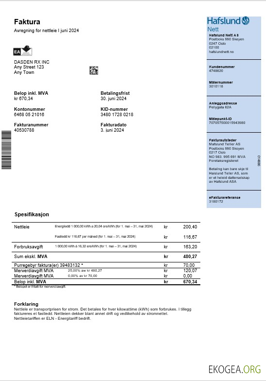 Modèle Word et PDF de facture de services publics pour les entreprises de Norvège Hafslund